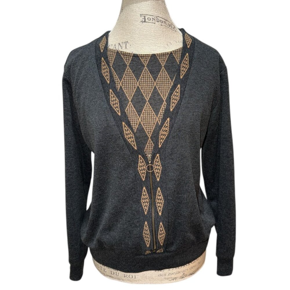 Alfred Dunner Black & Tan Faux 2 Piece Knit Zip Cardigan w/ Herringbone Shell LP